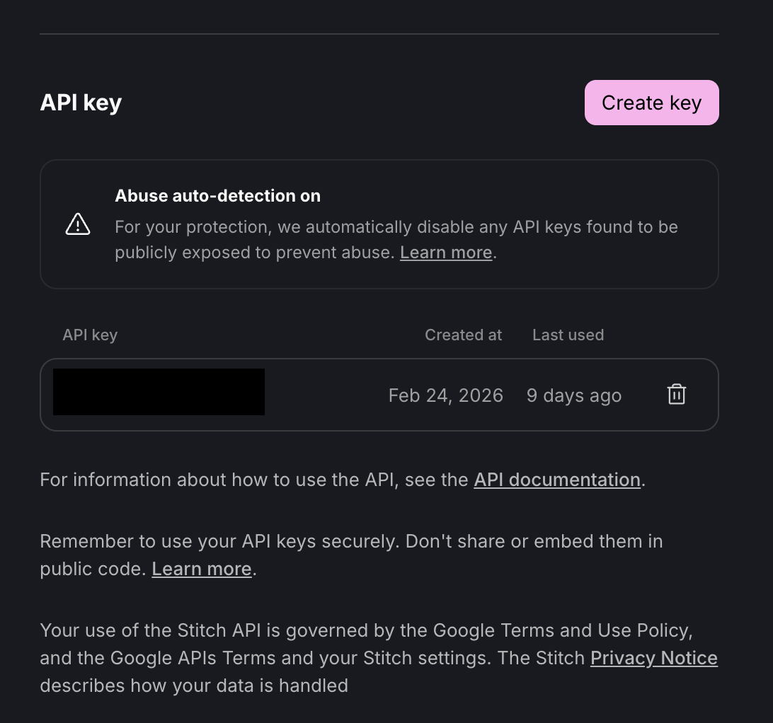 Stitch API key 화면과 Create key 버튼