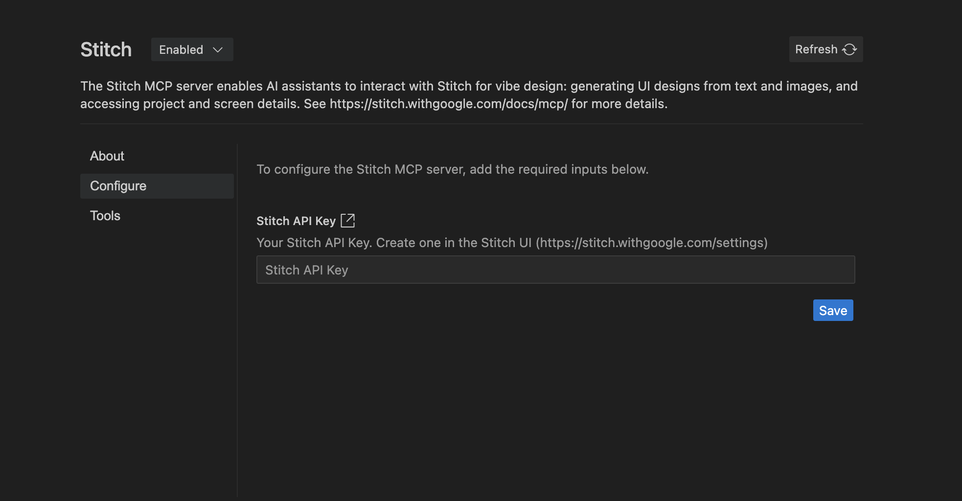 Stitch MCP 설정 화면과 Stitch API Key 입력칸