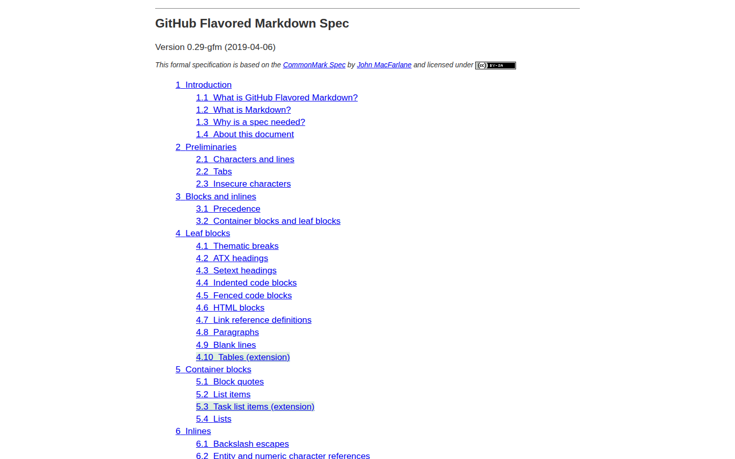 실제 GitHub Pages로 게시된 GitHub Flavored Markdown 명세 사이트