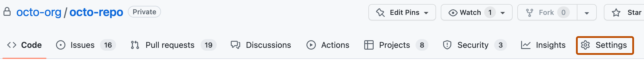 GitHub 저장소 상단 Settings 탭 공식 화면